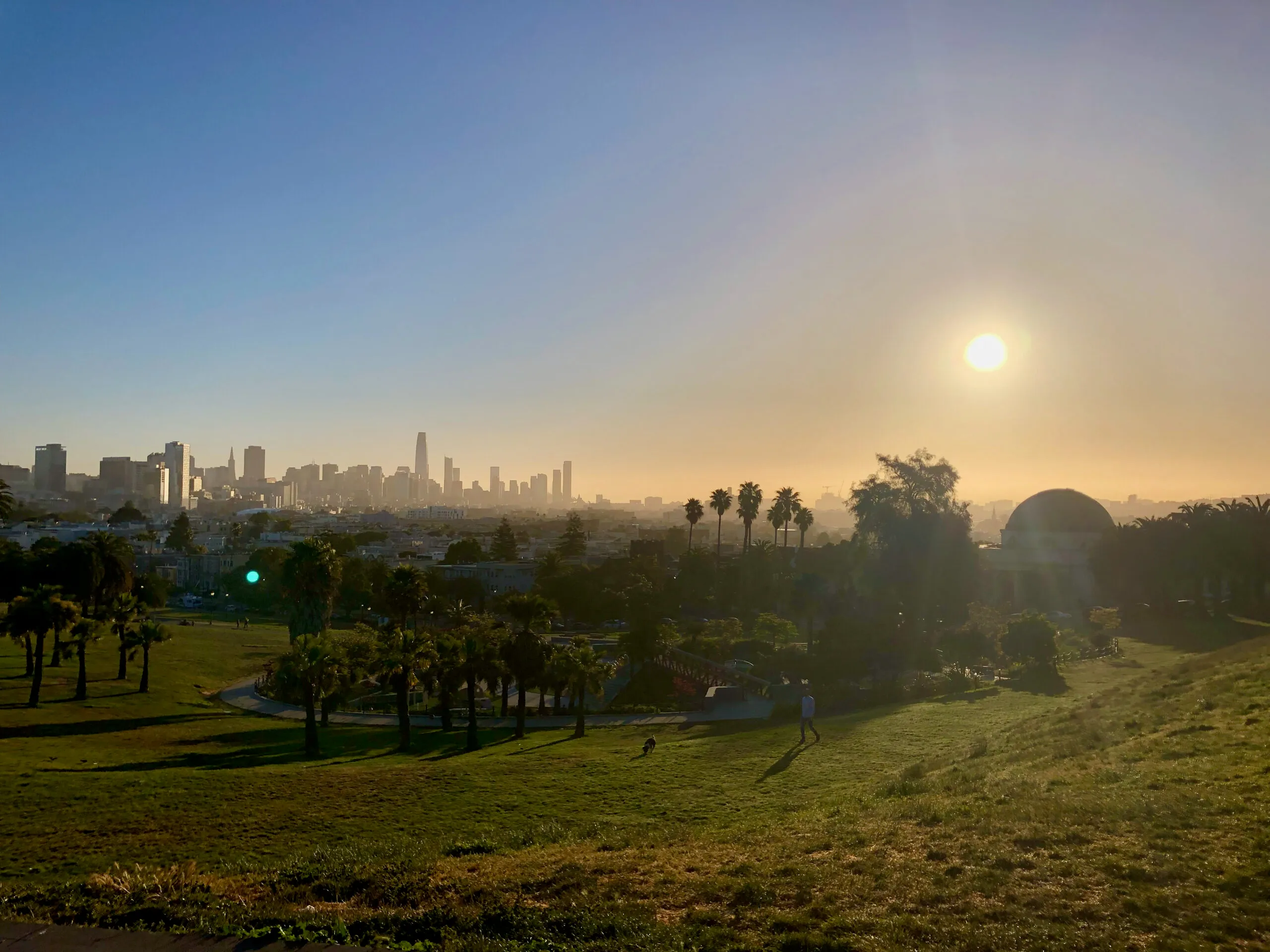 San Francisco skyline beyond Dolores Park in late afternoon light