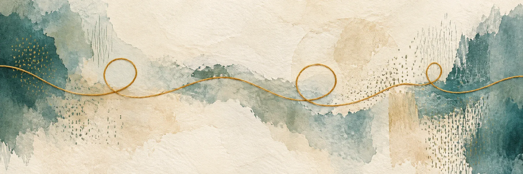 A continuous ochre thread looping across teal and cream paper textures